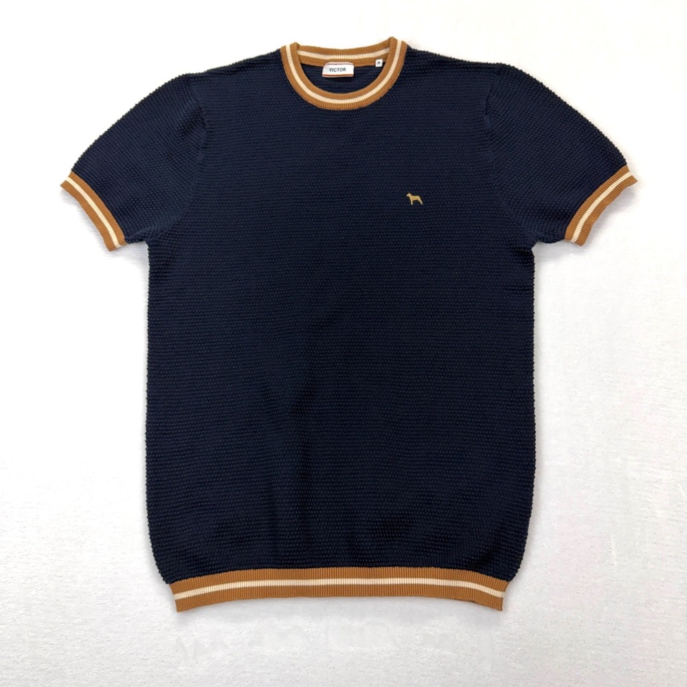 Victor Knit Sweater Mens‎ Medium Navy Blue Heritage Preppy Waffle Short Sleeve